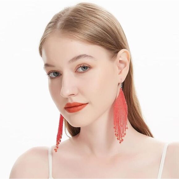 Red Bohemian Seed Bead Tassel Dangling Statement French Wire Hook Earrings - Picture 5 of 8